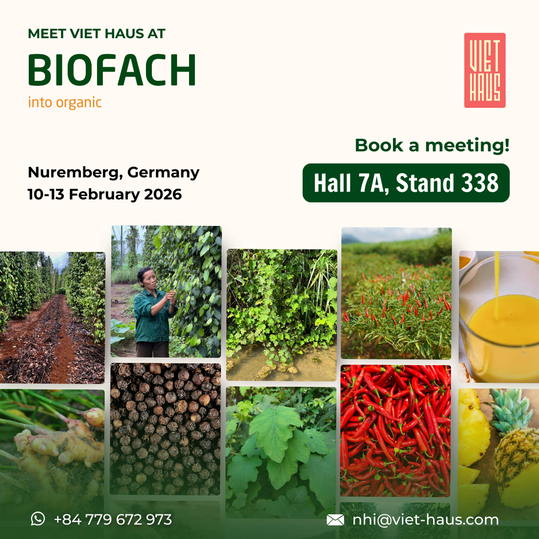 Viet Haus event flyer for BIOFACH 2026 with images of organic ginger, chili, and tropical fruits.