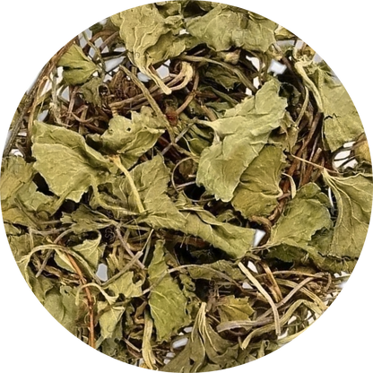 A circular close-up of dried green leaves and thin tan stems mixed together, filling most of the frame against a white background.