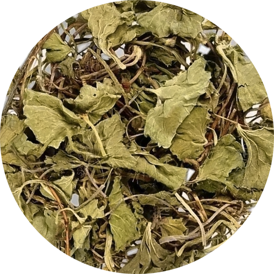 A circular close-up of dried green leaves and thin tan stems mixed together, filling most of the frame against a white background.
