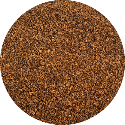Uniformly milled Viet Haus organic forest cassia cinnamon tea bag cut particles, showing rich reddish-brown color for herbal tea infusion.