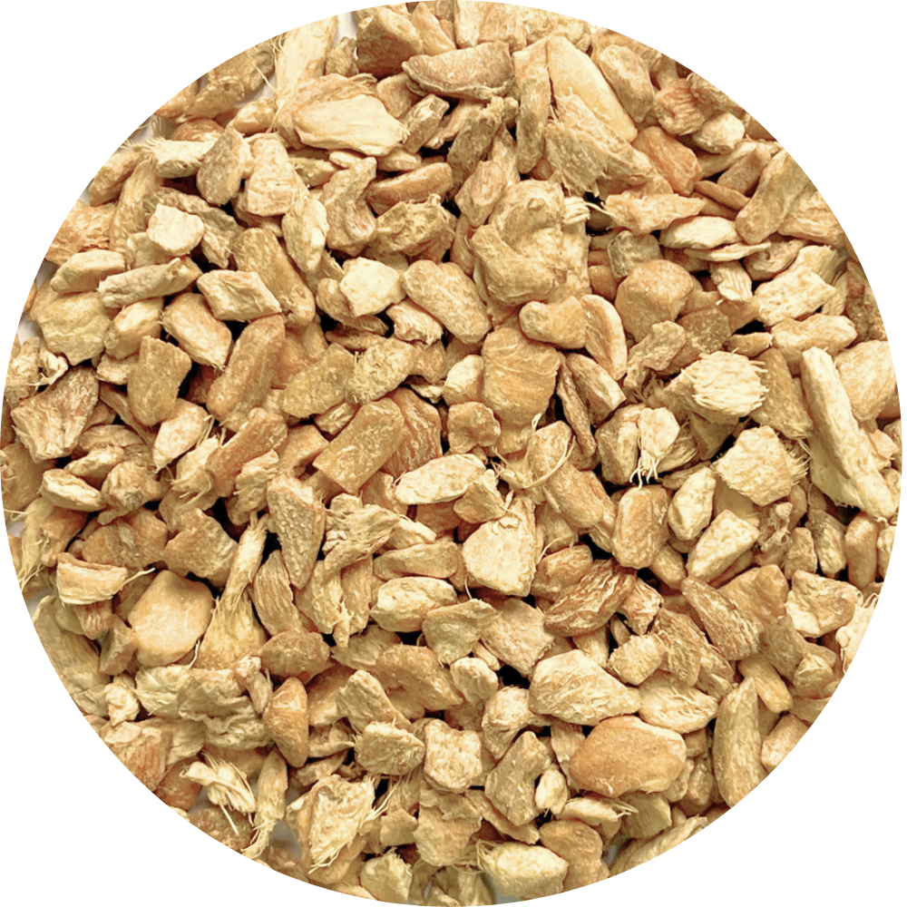 Cut and sifted Viet Haus organic small root ginger pieces, clean and dust-free for herbal tea blends and botanical formulations.