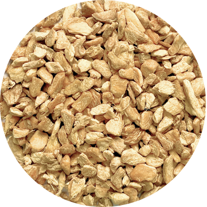 Cut and sifted Viet Haus organic small root ginger pieces, clean and dust-free for herbal tea blends and botanical formulations.