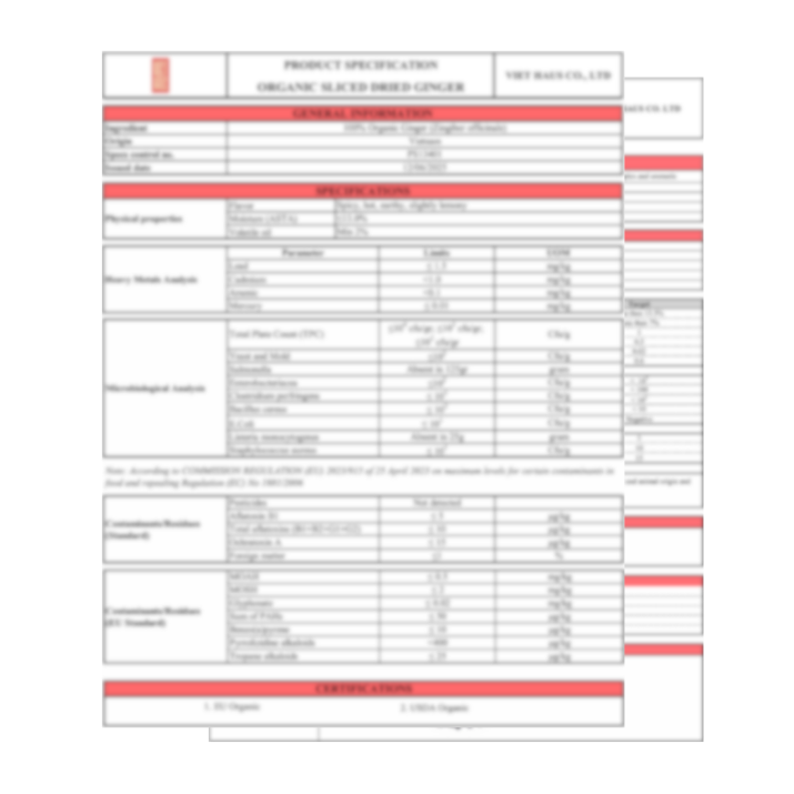 Product specification sheet for organic ingredients