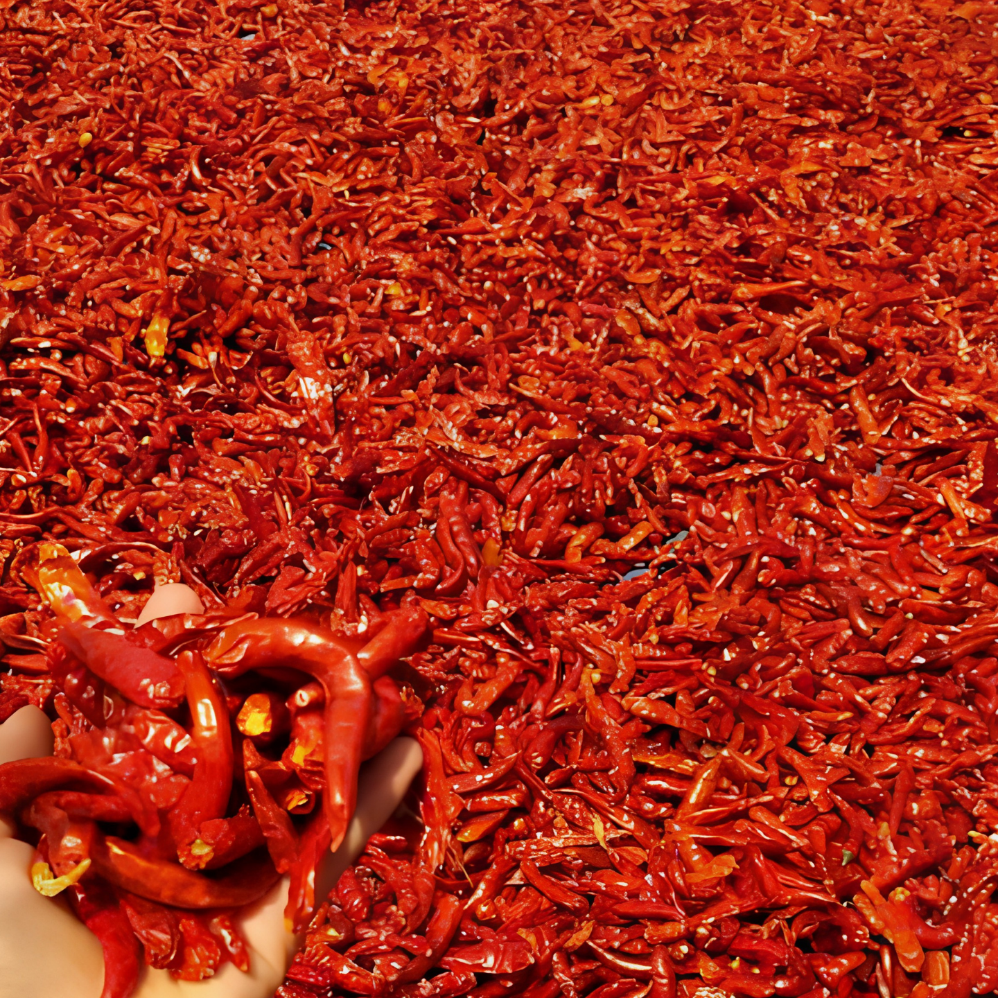 A close-up of many dried red chili peppers spread across the frame, with a hand holding a small pile in the lower left corner.