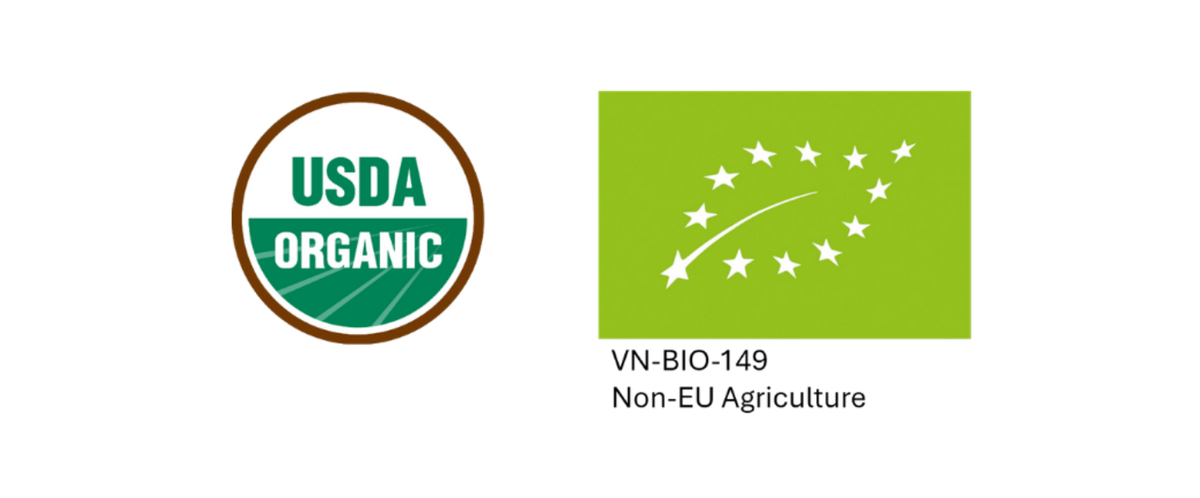 USDA Organic seal logo on the left and a green VN-BIO-149 Non-EU Agriculture label on the right, shown on a plain white background.