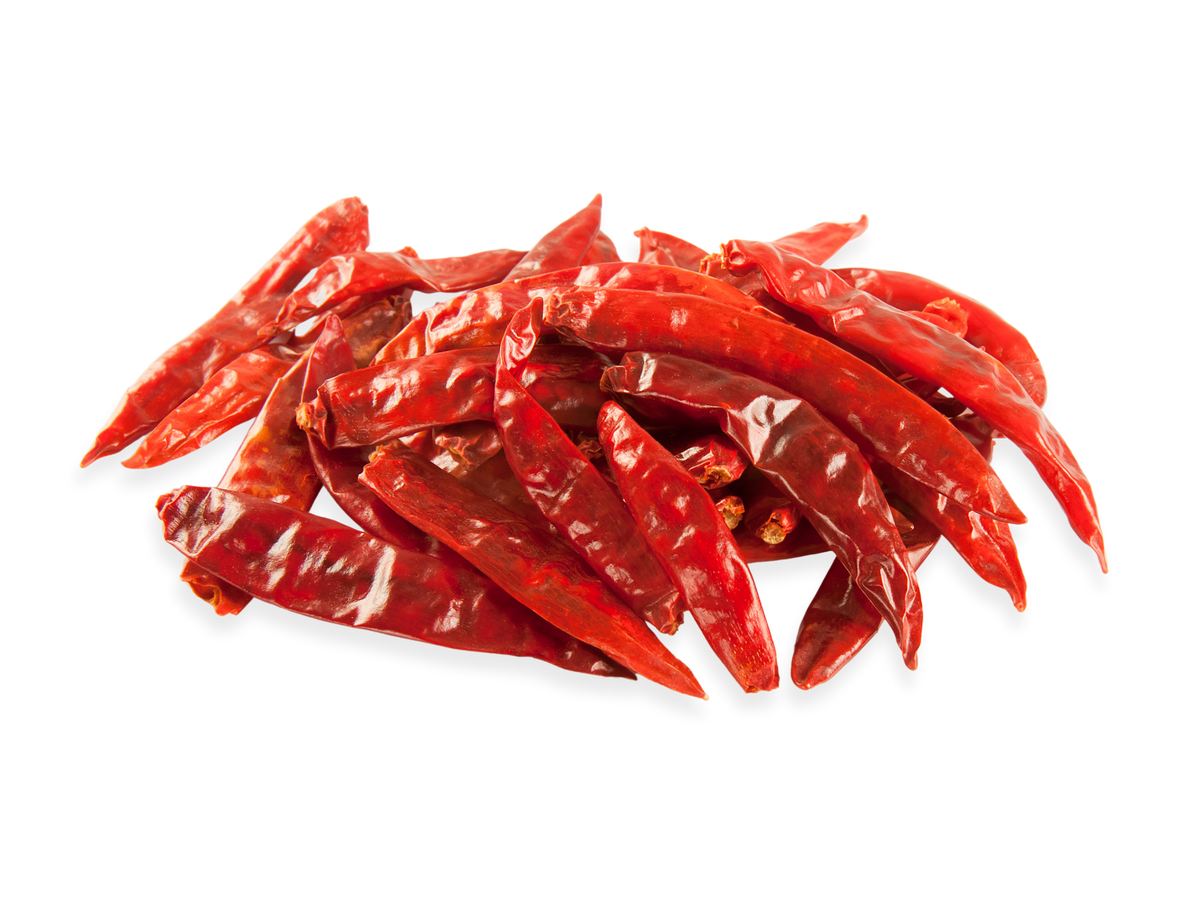 A pile of dried red chili peppers on a plain white background.