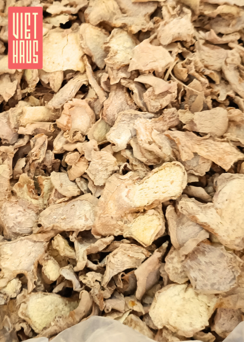 Close-up of dried ginger roots with 'Viet Haus' logo in the corner.