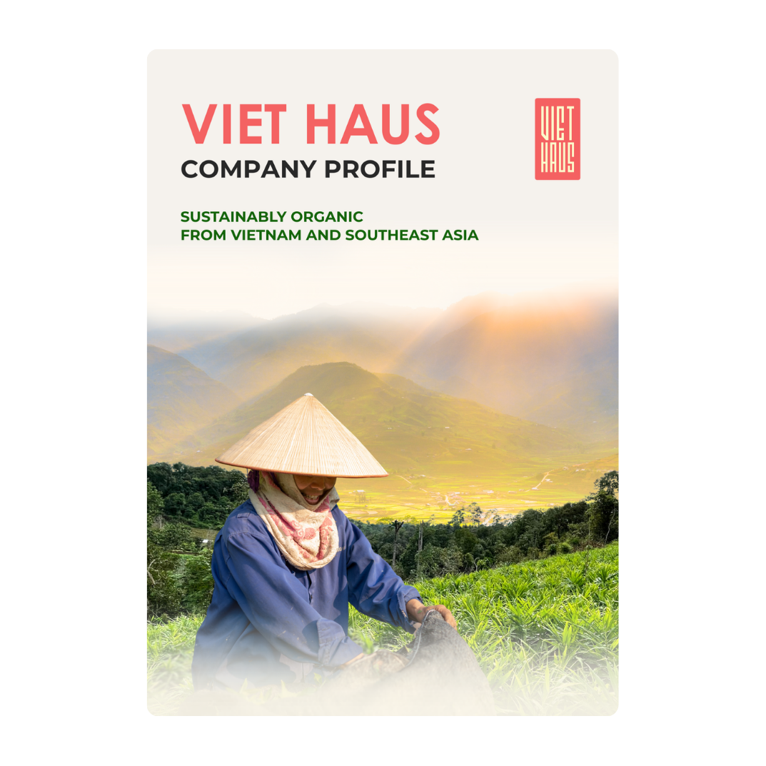 Cover of Viet Haus Company Profile with a person in traditional attire working in a field.