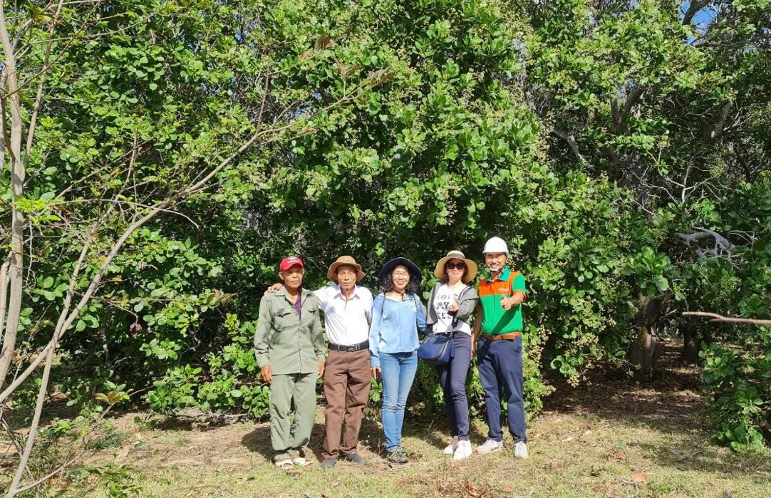 Five people standing in a forested area with trees and greenery around them.