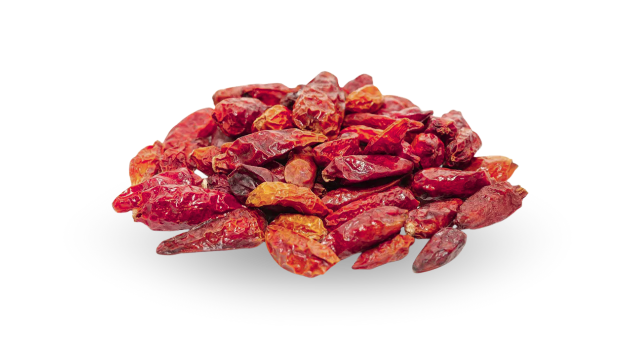 Whole dried organic bird's eye chilies from Vietnam, showing a bright red color, small size and deep spicy.
