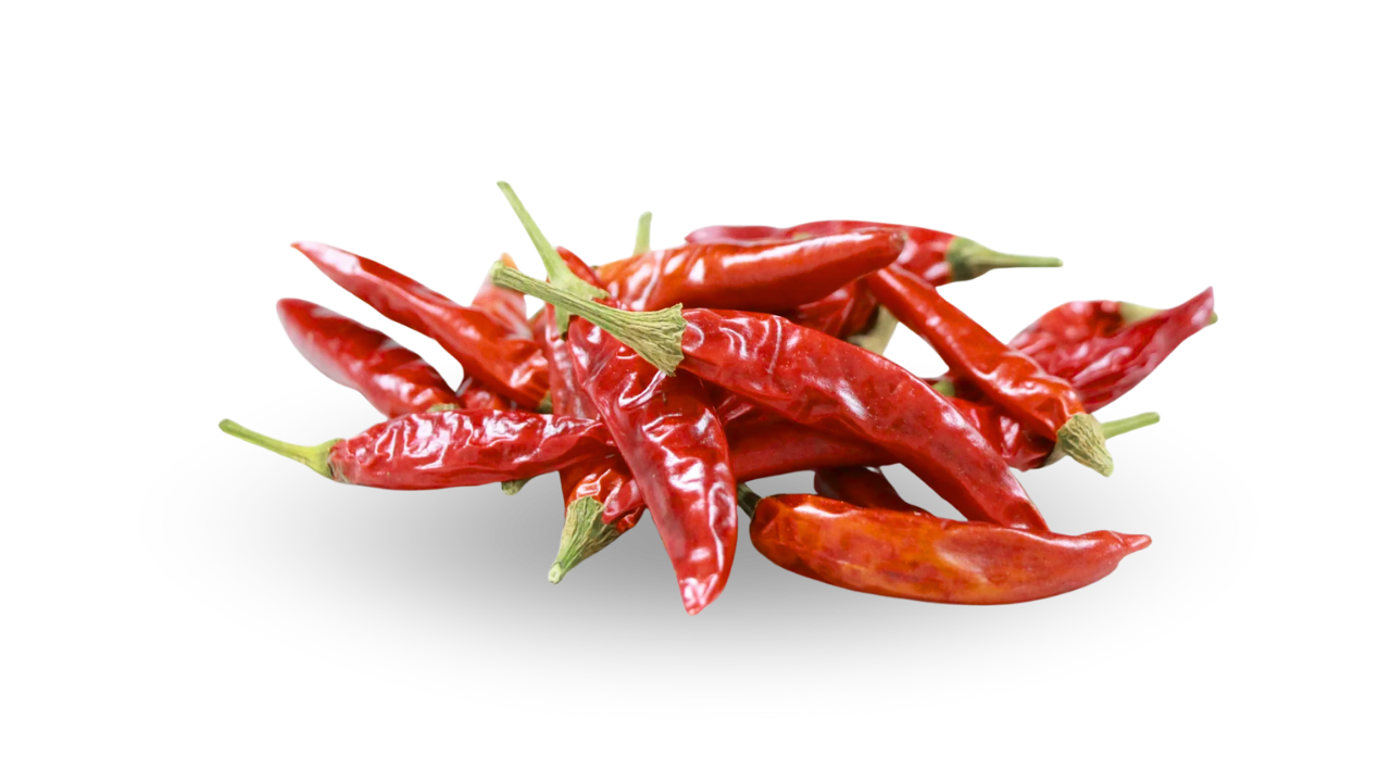 Whole dried organic medium heat chilies, showcasing uniform size and balanced spice level