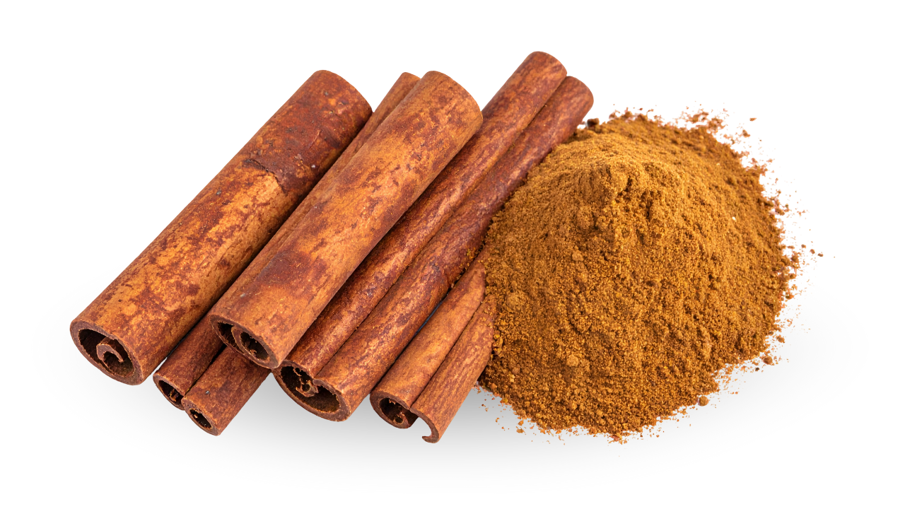 Whole rolled organic cinnamon sticks and cinnamon powder from Vietnam, with a strong natural scent and dark orange-brown color.