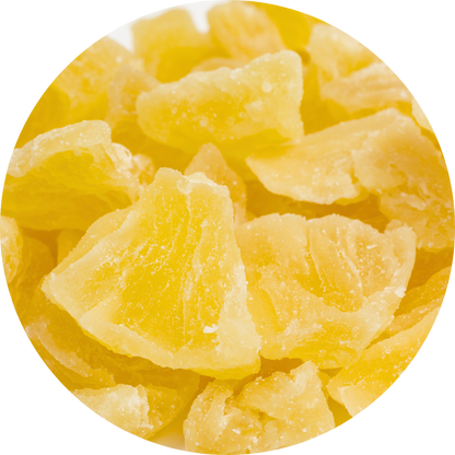 Macro circular view of golden, translucent dried pineapple chunks from Ninh Thuan, Vietnam, showcasing a crystalline texture and rich natural sweetness