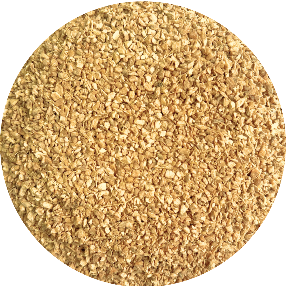 Viet Haus organic small root ginger tea bag cut particles, showing clean golden granules for rapid infusion and herbal tea blends.