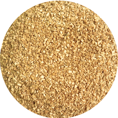 Viet Haus organic small root ginger tea bag cut particles, showing clean golden granules for rapid infusion and herbal tea blends.