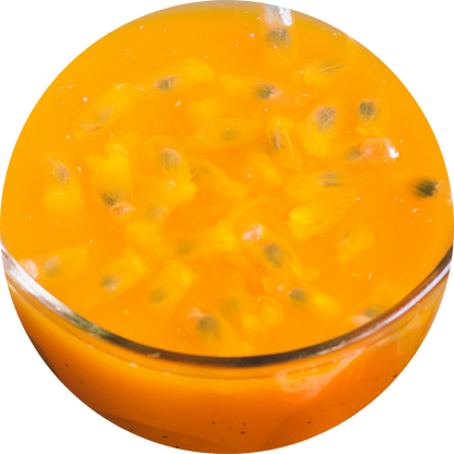 Clear glass of organic passion fruit juice showing its natural bright orange color
