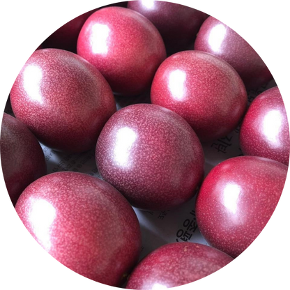 Close-up of a pinkish-red organic passion fruit showing its natural spherical shape and smooth skin texture
