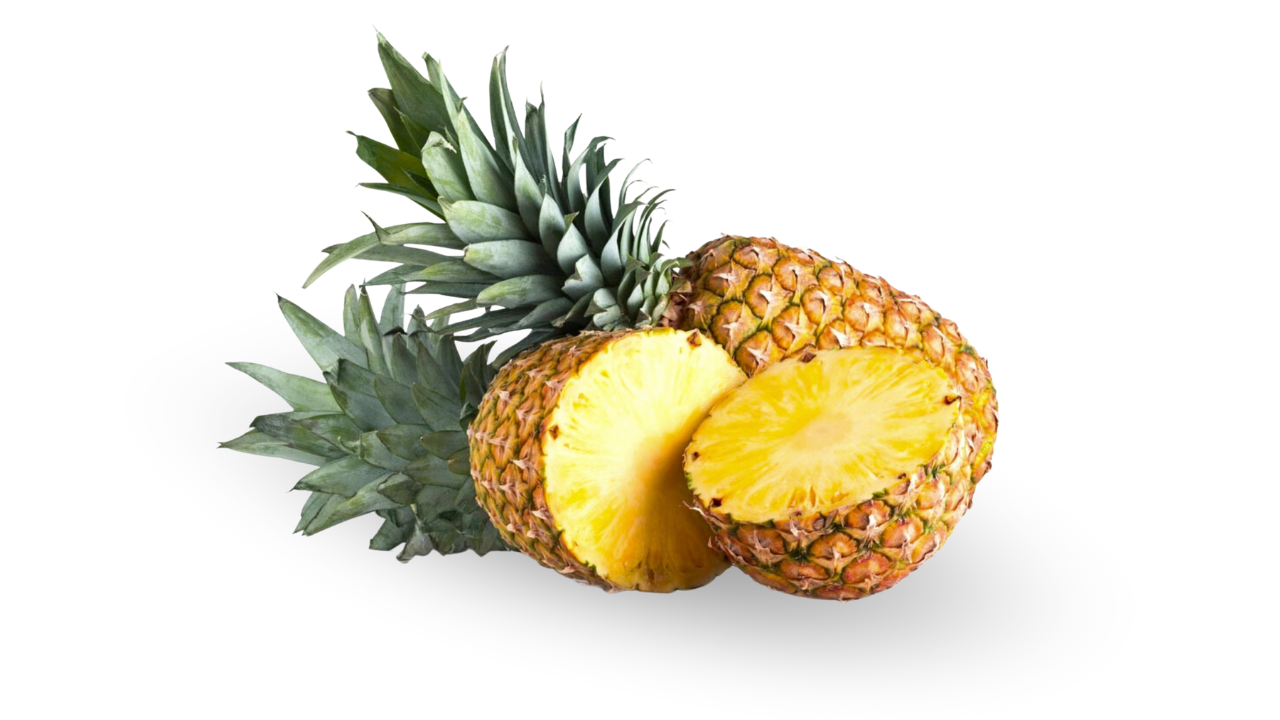 Whole and sliced organic pineapple from Vietnam, showing the natural yellow fruit and leafy crown