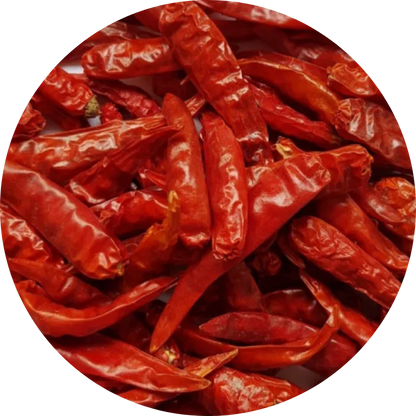 Whole dried organic red chili pods showing naturally wrinkled skin and a deep red color