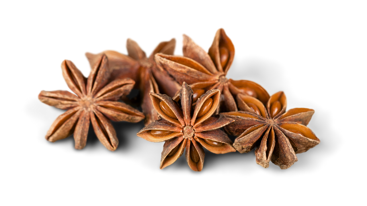Whole dried organic star anise from Vietnam, showing the natural star shape and dark brown color.